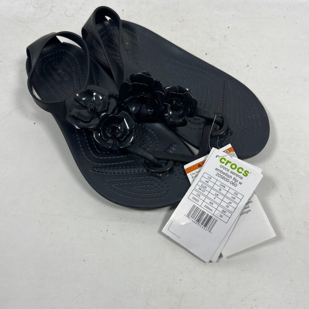 CROCS Sandals Womens 6 Serena Embellish Flip Flop Floral Strap Black NEW - Picture 1 of 6